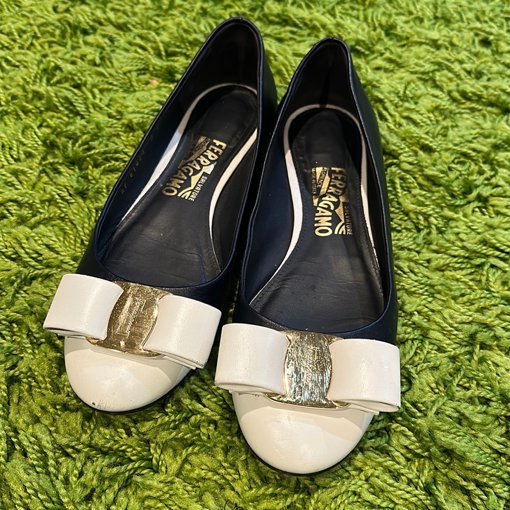 Salvatore Ferragamo Navy and White Flats